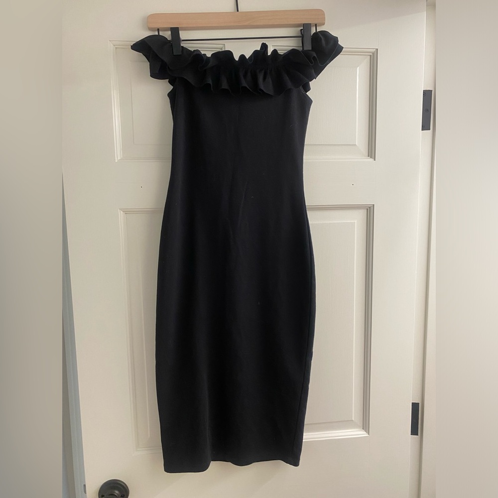 Zara Black Off the Shoulder Ruffle Midi Cocktail Dress